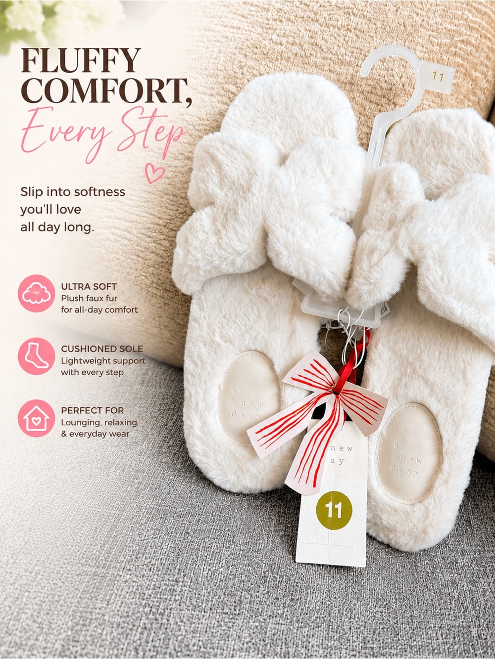 a new day Cream Fluffy Bow Slide Slippers size 11